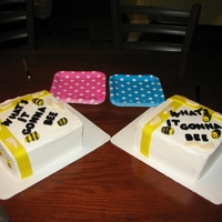 Baby Reveal Party I made two cakes, one blue & one pink. Used bc icing, fondant bees, ribbon and letters. The baby feet is white chocolate. The mama-to-...