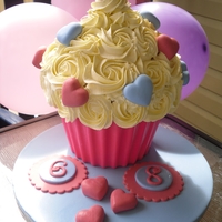 Wilton Giant Cupcake. Birthday cake for both of my daughters to share. (One day apart) I BIG thank you to mrsvb78 for the tutorial on the chocolate wrapper. No...