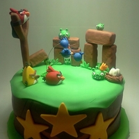 Angry Birds! Chocolate cake w/ BC filling. Covered in fondant with all fondant accessories. All edible.