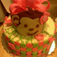 Pink & Green Monkey Cake 1st birthday cake! Buttercream with fondant accessories.