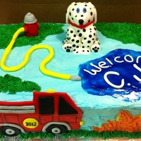 Fire Truck Baby Boy Shower Buttercream icing / fondant fire truck, dalmation, fire hydrant and piping gel pool of water