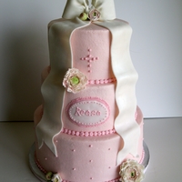 Christining Cake 7", 9", 11". covered in buttercream with fondant accents and handmade gumpaste ranunculus flowers.