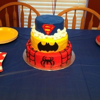 Superhero 10,8,6' round. I used a batman cookie cutter, handmade the spiderman logo and superman logo. My friend made the topper. It was her...