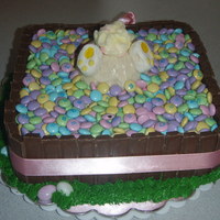 Easter Bunny Red Velvet with cream chs frosting. topped w M&M's, surrounded w Kit Kats. Bunny made from rice crispy treat, w/ marshmallow feet...