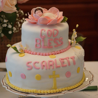 Baptism Cake For Girl Pound cake decorated with vanilla fondant and hand made cake topper with gum paste.