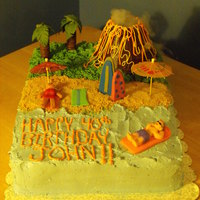 John's Luau Made for a 40th birthday with a luau theme. Buttercream with fondant figures & surfboards. Used Twix bars for the trees and dry ice to...