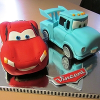 Cruisin Mcqueen And Hot Rod Mater For my son's 4th birthday. All cake and fondant with rice crispy tires.