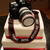 Canon Camera camera body is carved cake & lens is RKT all covered in fondant. Strap is fondant.
