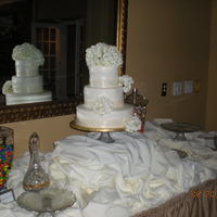 Hydrangea Wedding Cake Three tier French Vanilla cake with Ivory French Vanilla Buttercream icing. Satin ribbon accents and live Hydrangea flowers.