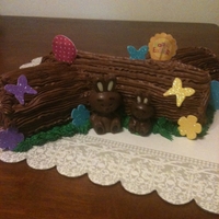 Easter Log Chocolate sponge cake filled with Brandied whipped cream and iced with chocolate buttercream.