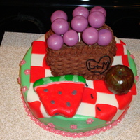 Picnic Bridal Shower Cake Picnic-themed bridal shower cake for my newest sister-in-law-to-be. The cake pops in the basket are grapes. the watermelon, apple and...