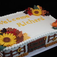 Fall Inspired Welcome Cake 1/4 Sheet Vanilla Cake with Vanilla Buttercream. All accents are made with fondant