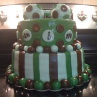 Blue, Green,brown Polka Dots And Stripes Baby Shower Vanilla cake with buttercream frosting. Covered in fondant and fondant accents. Baby rattler is cake as well, TFL!