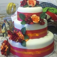 My First Wedding Cake :) Covered in fondant, Bottom is vanilla, middle is strawberry shortcake, top is chocolate. My first 3 tiered wedding cake, I am very proud of...