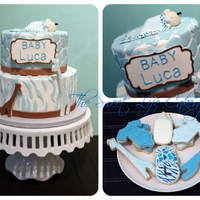 Blue Safari Baby Shower Bottom tier is white chocolate with buttercream and top tier is pumpkin cake with buttercream. Zebra stripes, giraffe print, giraffes, name...