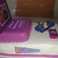 Icarly 2 layer sheet cake with buttercream icing and bavarian cream filling. Decorated with Icarly remote lipgloss and Icarly phone lipgloss. Top...