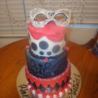 Masquerade Cake 6x8x10 buttercream with fondant decorations, makes made of fondant on gumpastemade it for my younger sister's 18th bday ;)