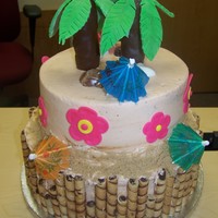 Tropical Themed Birthday Cake RKT and fondant palm trees and flowers. Bamboo look made with chocolate creme cookies. Sand is light brown sugar.