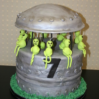 Alien Spaceship 2 double layer 10 inch cakes stacked on top of each other, so that we could satisfy chocolate and vanilla sweet tooths! Filled with SMBC...