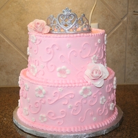 Princess Cake Iced in SMBC with fondant accents and buttercream swirls. These were some of my first gumpaste roses and my second gumpaste tiara.