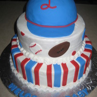 Sports/ball Cake 3-tiered cake iced with VBC. I love the hat on top best. Super cute and fun to make & decorate. TFL!