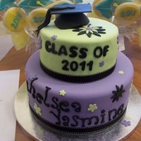 Graduation Cake 2 tier grad cake, top tier chocolate cake with mint chocolate chip filling, bottom tier french vanilla with pralines and cream filling.
