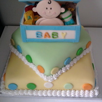Chrissie's Baby Shower Cake All fondant covered. Toys are candy. Used white chocolate to "glue" lid on toy box