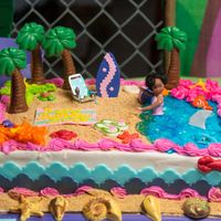 A Day At The Beach Yellow cake with strawberry and pineapple filling. Buttercream icing. Fondant decorations, chocolate palm trees and seashells. Graham...