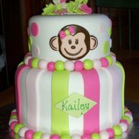 Pink And Green Monkey pink and green with a gumpaste monkey on front and gumpaste number and flowers and butterfies on top