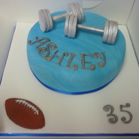 Dumbells Cake dumbells made of gumpasten. just a basic cake made in a bit of a rush for a neighbour.