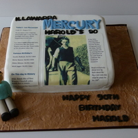 Newspaper Cake 90 Th Birthday Mud cake shaped like newspaper with figurine of my pop