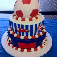 3D Tiered Soccer Ball Cake 3 tiered soccer ball cake in royal blue, red, & white with 3D soccer ball for top tier. Bottom 2 tiers are smoothed buttercream icing...