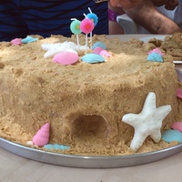 Twins Sand Castle Cake Sand castle cake, chocolate cake with vanilla buttercream (shortening) frosting. Gum paste shells and starfish. It all held up good a whole...