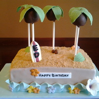 Hawaiian Themed Cake With Cake Pops 5" x 9" cake covered in MMF with MMF accents. Cake pops were made to look like palm trees. Customer wanted a hawaiin theme cake...