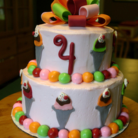 Ice Cream Sundae Cake Made to match party invitations. Top tier is vanilla with buttercream filling, bottom is chocolate with ganache filling, cake is...