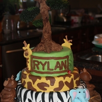 Jungle Themed Party Cake This is a cake that I made for my 2 year old twins who love animals. 3-tiered cake covered in fondant, with cake pop animals and a rice...