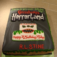 Goosebumps Book Cake Used fondant with a marble effect for the cover and spine and made a FBCT for the "Goosebumbs Horrorland" title.This was my son&#...