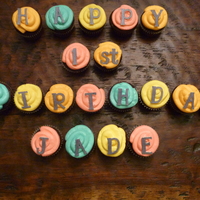 Bright Cupcakes Chocolate cupcake with brightly colored vanilla buttercream and fondant letters.