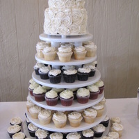 Cupcake Tower With A Smbc Frosted Cake Red Velvet Chocolate And White Cake Cupcake tower with a smbc frosted cake. Red velvet, chocolate, and white cake.