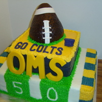 Oms Football This cake was for a football banquet. This was a chocolate and yellow cake covered in buttercream with fondant accents. The football is RKT...
