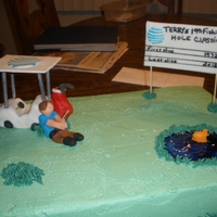 Retirement Cake 1/2 sheet WASC w/buttercream. Retiree enjoys golf and fishing. Golf cart made with RKT everything else made of fondant.