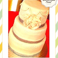 3 Tier Fondant Wedding Cake With Peony And Bling Ribbon 3 tier fondant wedding cake with peony and bling ribbon