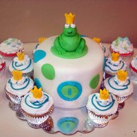 Froggie Prince Smash cake and cupcakes for a frog prince themed first birthday party. WASC cake with vanlla bc filling. Cupcakes were Strawberry Daiquiri...