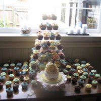 Cupcakes Galore! Large cupcake with jelly beans etc and 200 small cupcakes for a wedding "Mad Hatters Tea Party Theme"