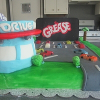 Drive-In Movie Cake A drive in cake made for a drive in theme 18th birthday. The screen is made from black candy melts with sugar sheet graphic. Building is...