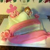 1326027255.jpg baptism cake covered in fondant with gumpaste flowers and cross