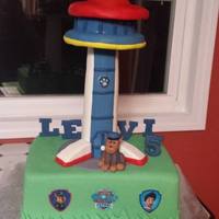 Paw Patrol Birthday Cake Wow this cake was a first and you can tell lol! First time messing with Rice Krispies. That is what I made the tower from. Great learning...