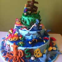 Multi Themed Cake 5 year old cousin wanted an alligator, a hammerhead shark, a squid, & monsters. Thanks CC for all the great ideas.