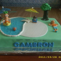 Phineas And Ferb Pool Party This was for a little boy`s pool party birthday. He wanted Phineas and Ferb :) Choc cake, choc icing. MMF deco, (would have used gumpaste...
