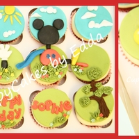 Inspired By Minie Mouse + Mickey Mouse Clubhouse red velvet cupcakes with cream cheese frosting decorated with chocolate modelling TFL